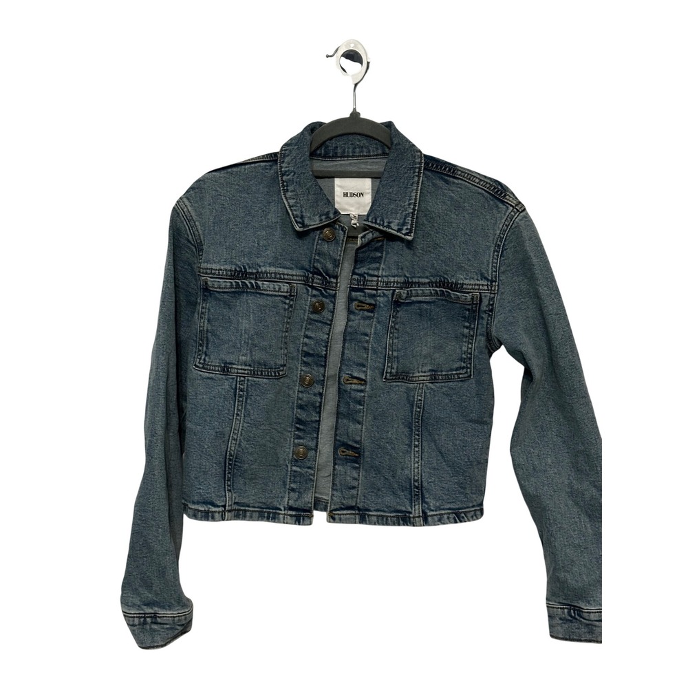 Hudson Jeans Risque Fashion Jacket Medium Wash Cropped Denim Trucker Pockets NEW
